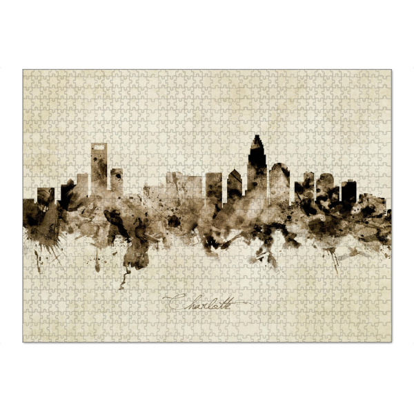 Puzzle Ravensburger "Charlotte NC Skyline Sepia" artboxONE - Städte - Charlotte,North carolina,Skyline,Cityscape,Stadtbild,Watercolor,Painting