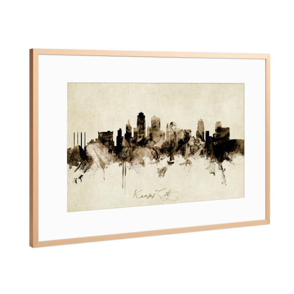 Poster mit Rahmen Kupfer "Kansas City Missouri Skyline Sepia" artboxONE - Städte
