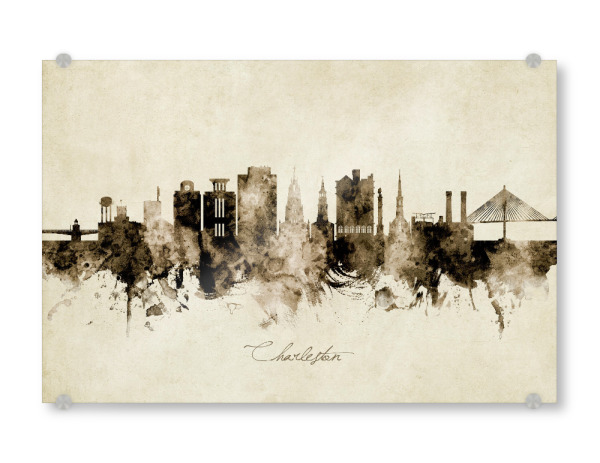 Acrylglasbild "Charleston SC Skyline Sepia" artboxONE - Städte - Charleston,South carolina,Skyline,Cityscape,Stadtbild,Watercolor,Painting