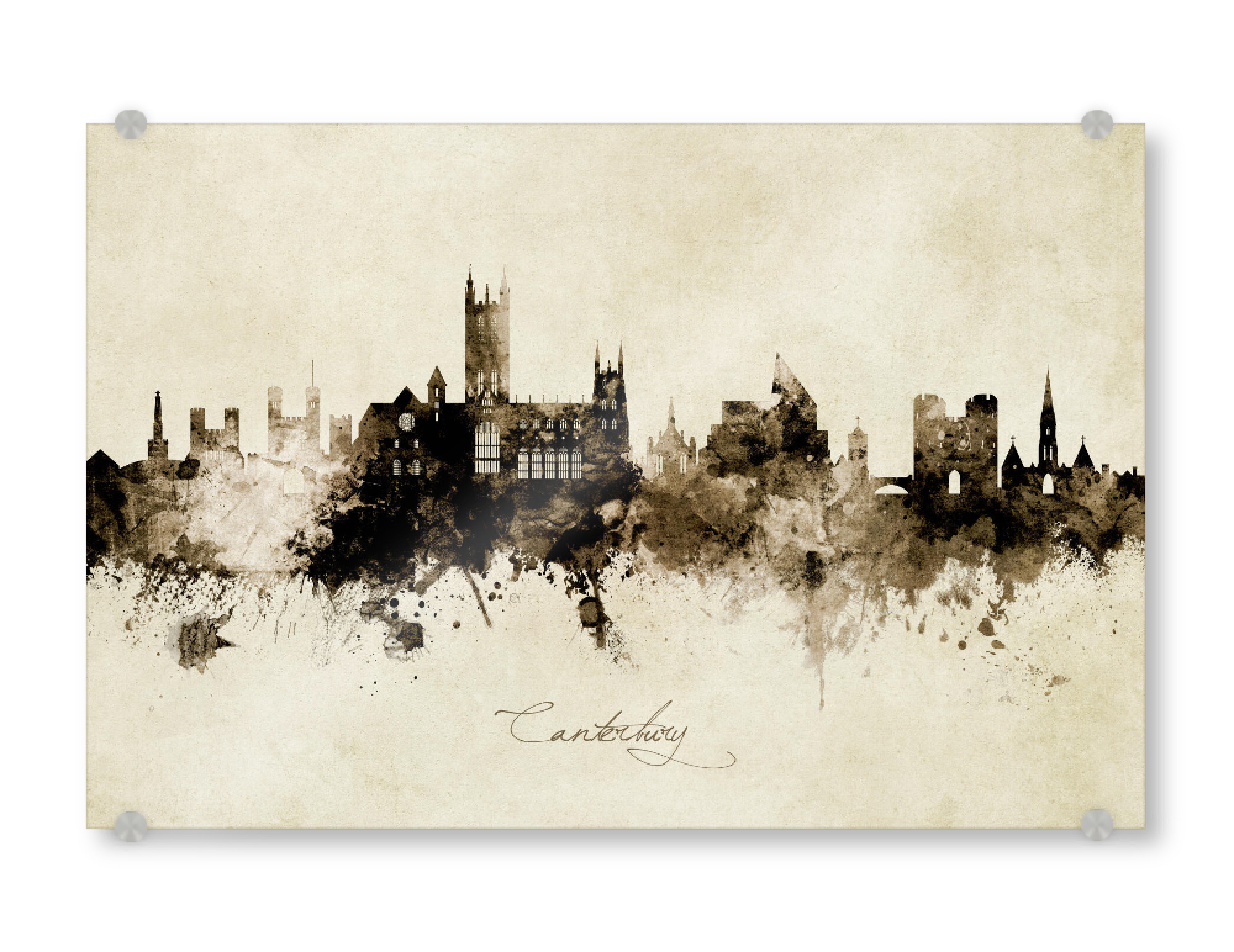 Acrylglasbild "Canterbury England Skyline Sepia" artboxONE - Städte - Canterbury,England,Skyline,Cityscape,Stadtbild,Watercolor,Painting