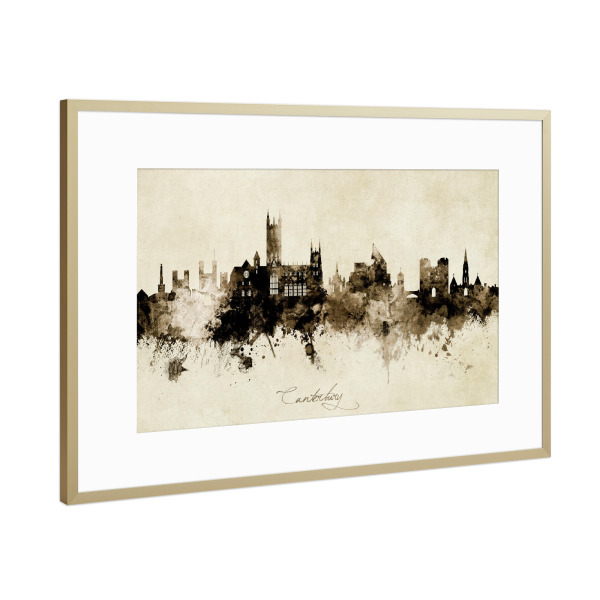 Poster mit Rahmen Gold "Canterbury England Skyline Sepia" artboxONE - Städte - Canterbury,England,Skyline,Cityscape,Stadtbild,Watercolor,Painting