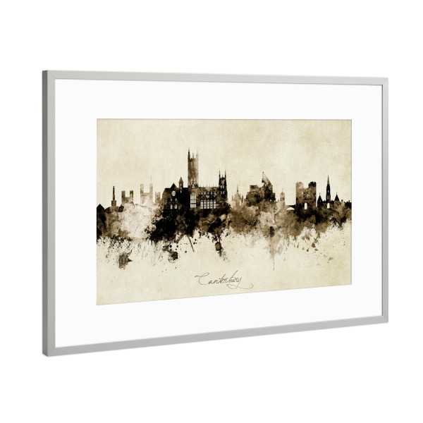 Poster mit Rahmen Silber "Canterbury England Skyline Sepia" artboxONE - Städte - Canterbury,England,Skyline,Cityscape,Stadtbild,Watercolor,Painting