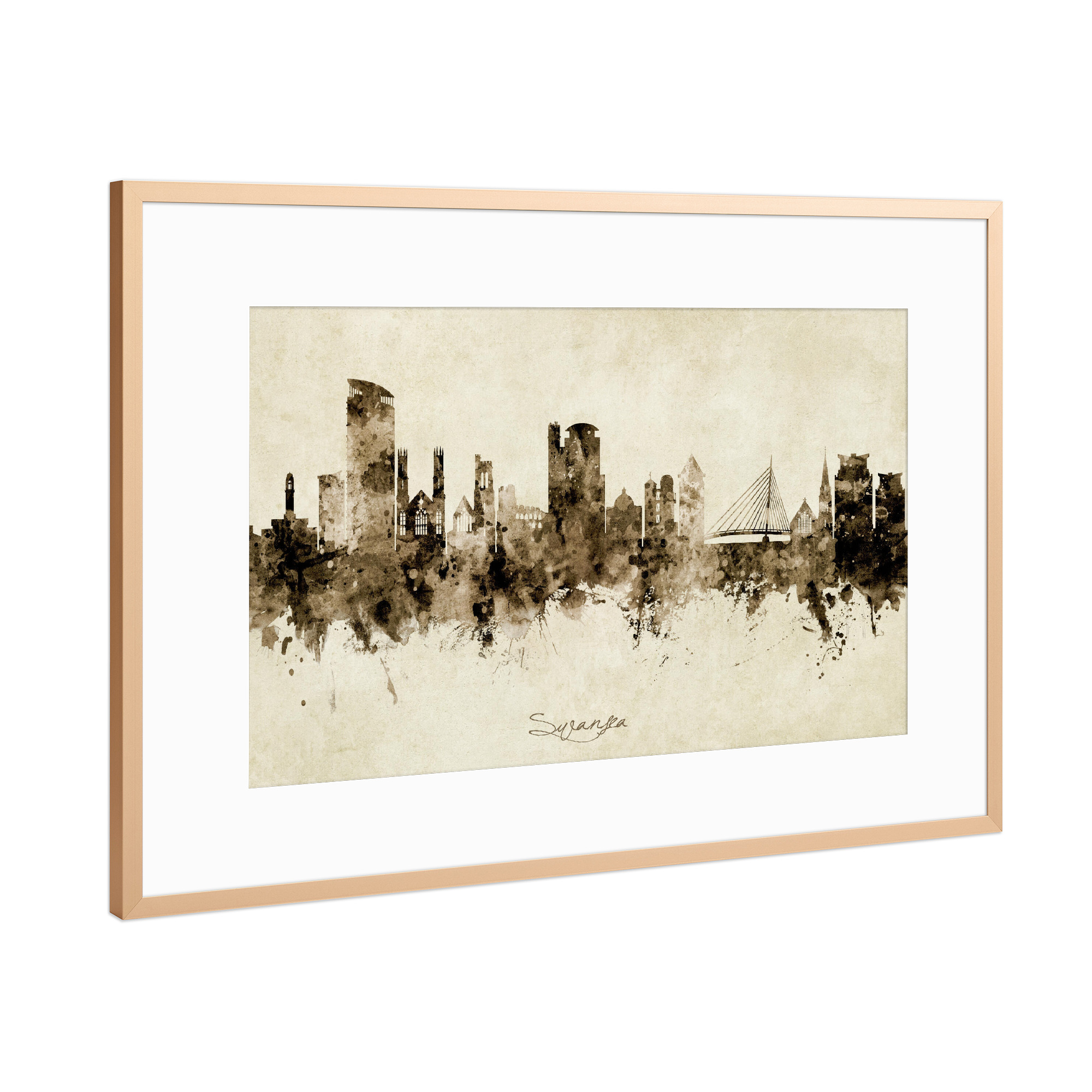 Poster mit Rahmen Kupfer "Swansea Wales Skyline Sepia" artboxONE - Städte - Swansea,Wales,Skyline,Cityscape,Stadtbild,Watercolor,Painting