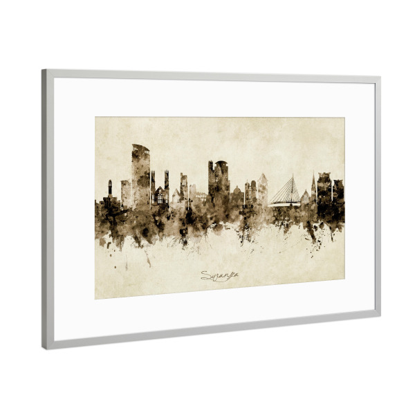 Poster mit Rahmen Silber "Swansea Wales Skyline Sepia" artboxONE - Städte - Swansea,Wales,Skyline,Cityscape,Stadtbild,Watercolor,Painting