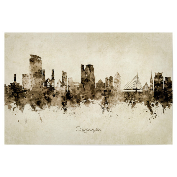 Poster "Swansea Wales Skyline Sepia" artboxONE - Städte - Swansea,Wales,Skyline,Cityscape,Stadtbild,Watercolor,Painting