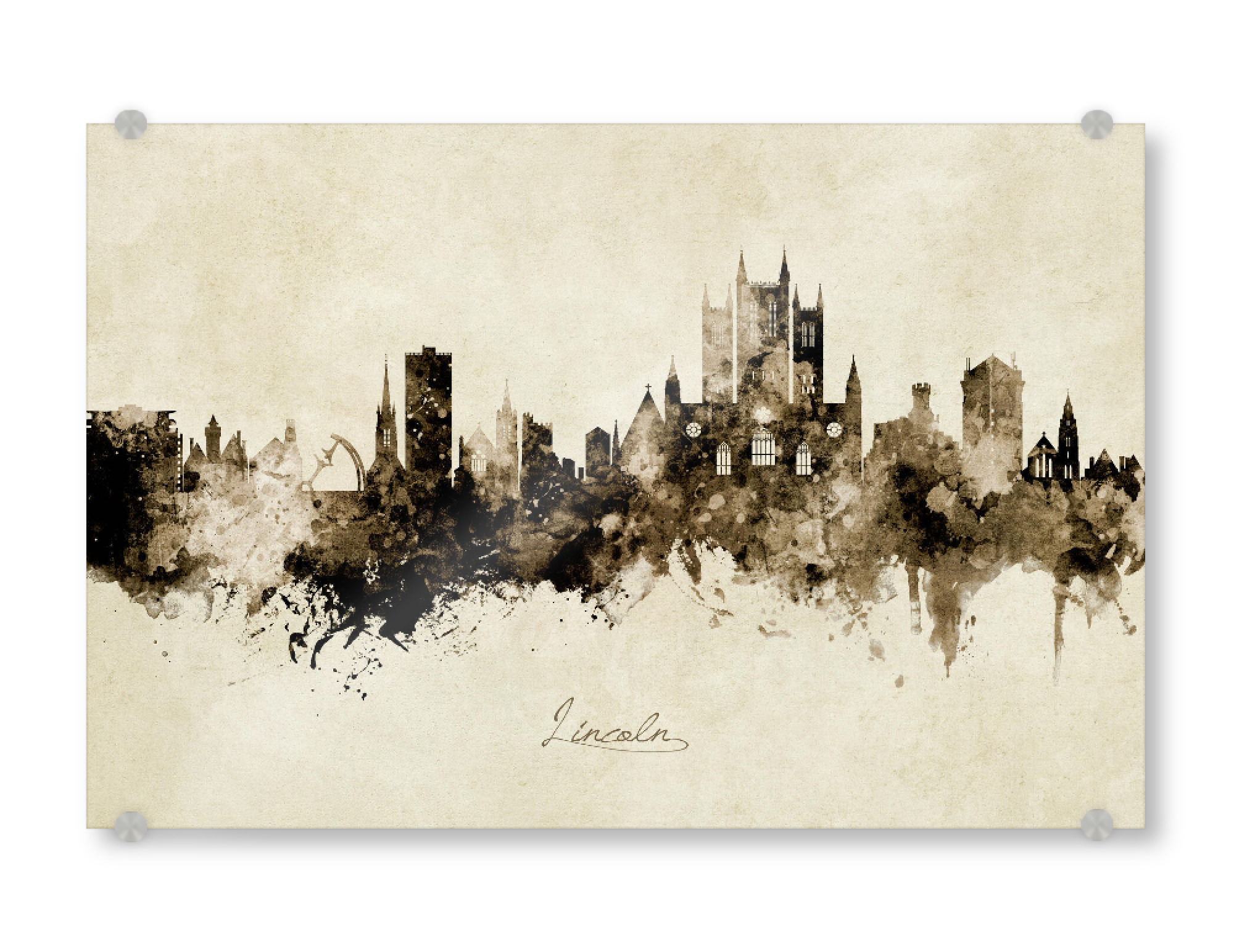 Acrylglasbild "Lincoln England Skyline Sepia" artboxONE - Städte - Lincoln,England,Skyline,Cityscape,Stadtbild,Watercolor,Painting