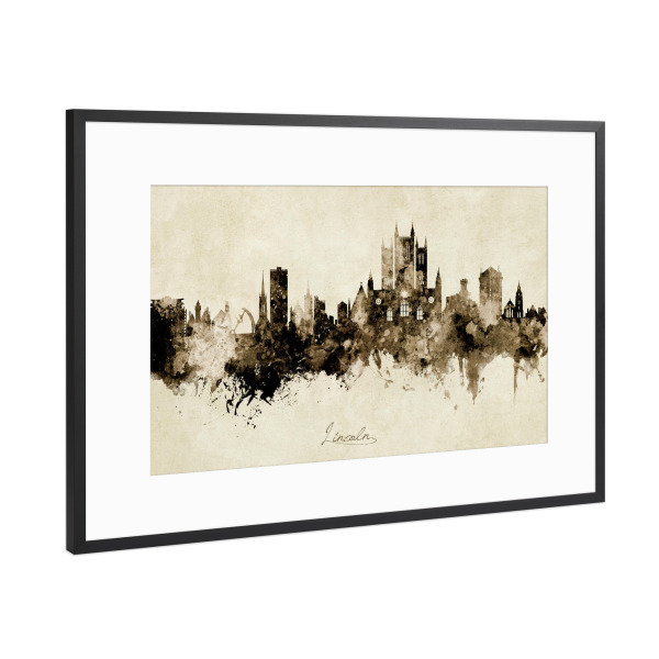 Poster mit Rahmen Schwarz (Metallic) "Lincoln England Skyline Sepia" artboxONE - Städte