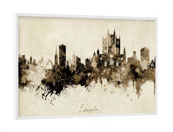 Poster mit weißem Rahmen "Lincoln England Skyline Sepia" artboxONE - Städte - Lincoln,England,Skyline,Cityscape,Stadtbild,Watercolor,Painting