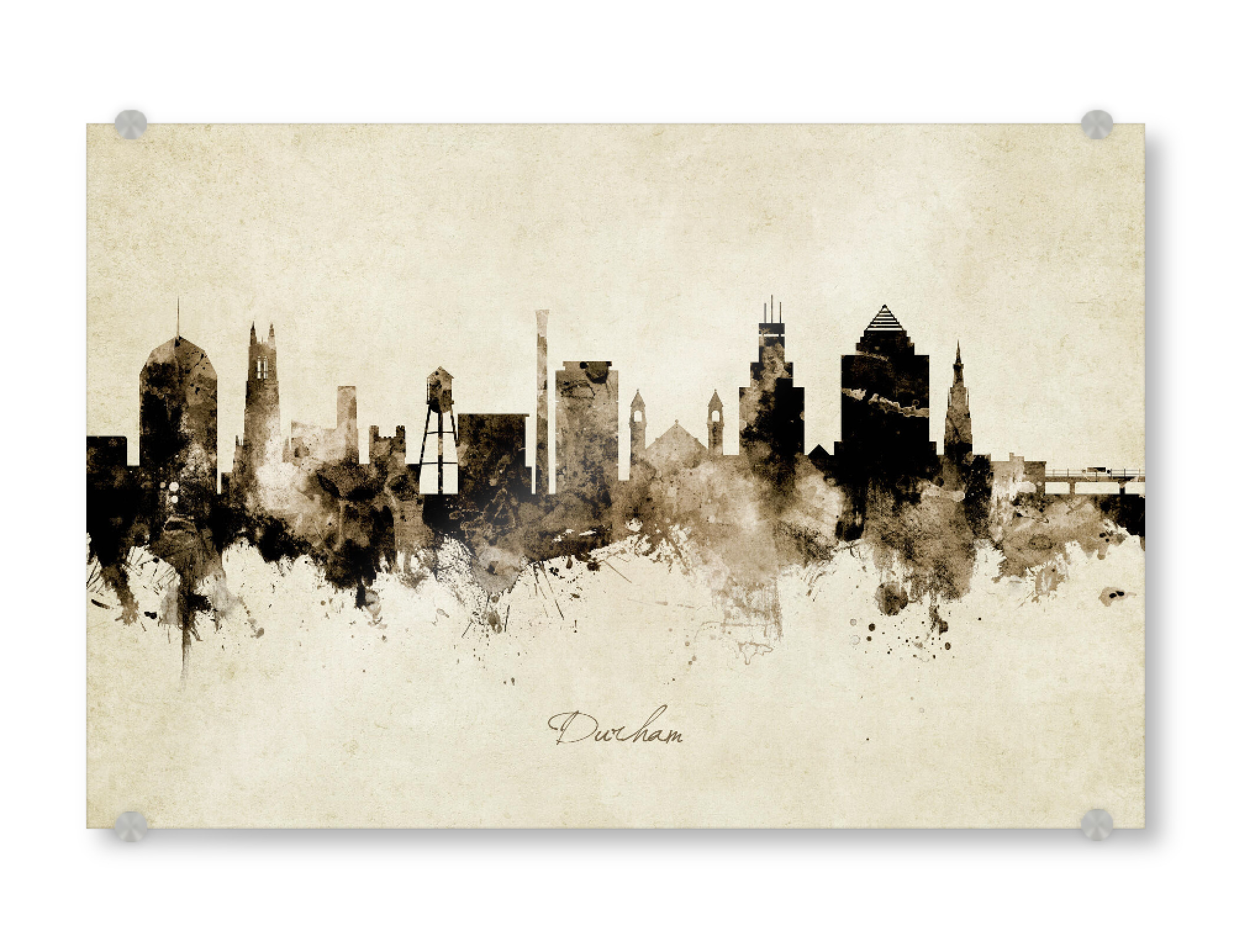 Acrylglasbild "Durham NC Skyline Sepia" artboxONE - Städte - Durham,North carolina,Skyline,Cityscape,Stadtbild,Watercolor,Painting