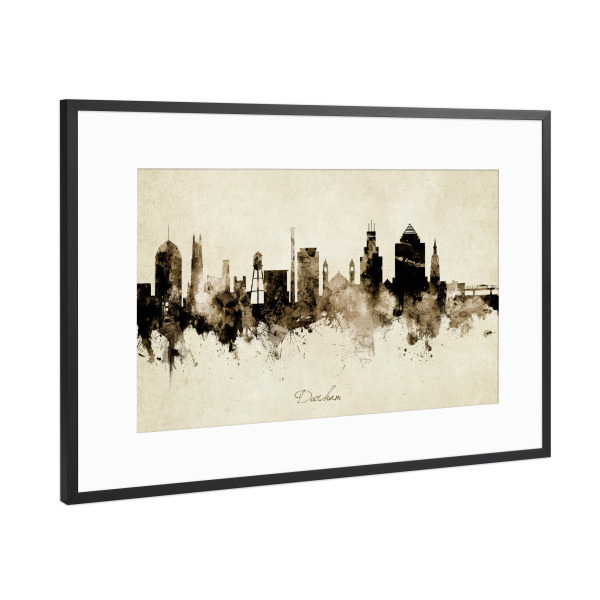 Poster mit Rahmen Schwarz (Metallic) "Durham NC Skyline Sepia" artboxONE - Städte