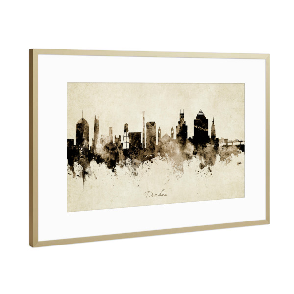 Poster mit Rahmen Gold "Durham NC Skyline Sepia" artboxONE - Städte - Durham,North carolina,Skyline,Cityscape,Stadtbild,Watercolor,Painting