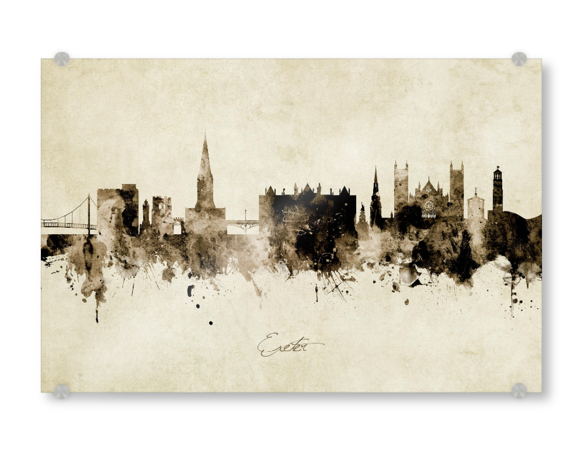 Acrylglasbild "Exeter England Skyline Sepia" artboxONE - Städte - Exeter,England,Skyline,Cityscape,Stadtbild,Watercolor,Painting