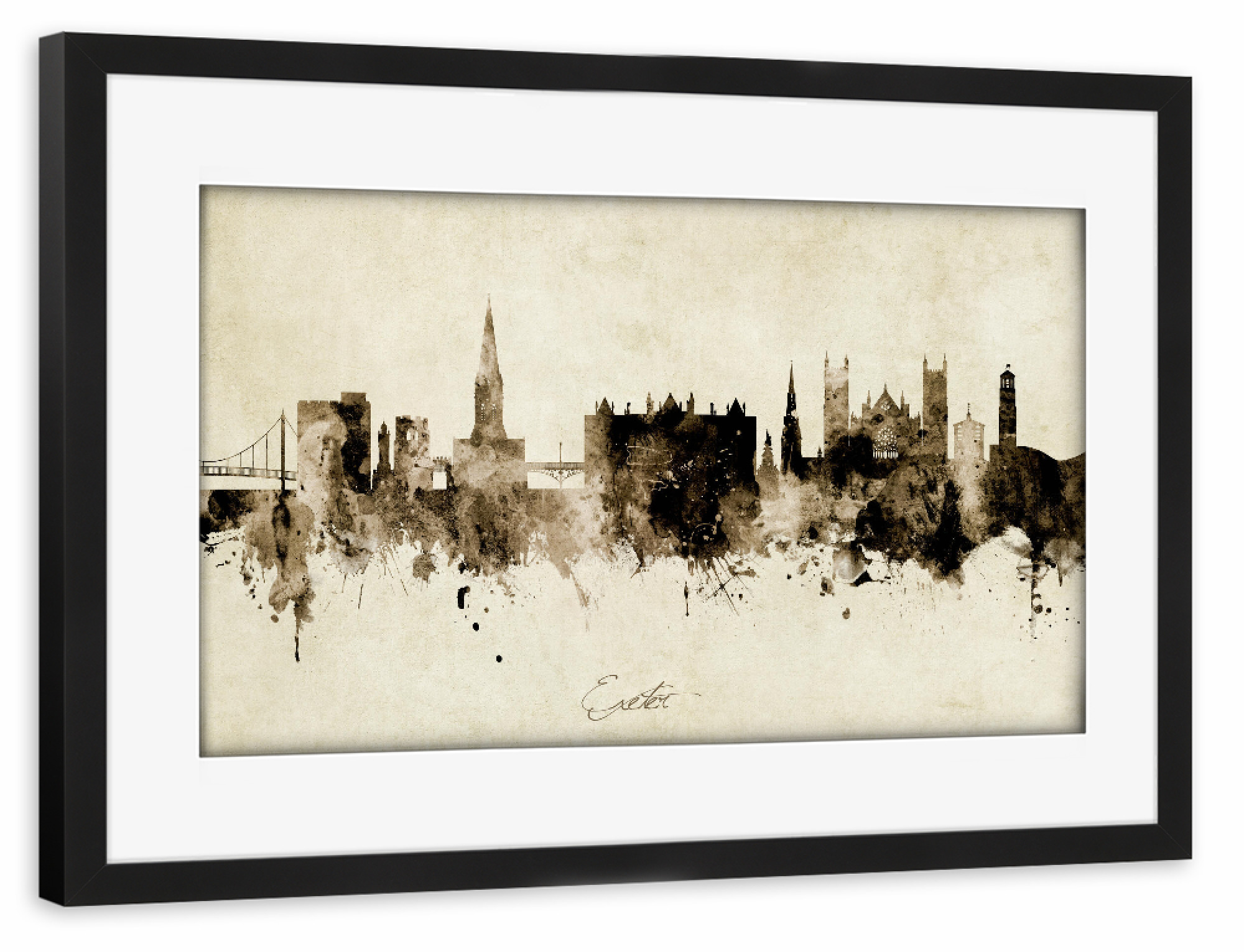 Poster mit Rahmen schwarz "Exeter England Skyline Sepia" artboxONE - Städte - Exeter,England,Skyline,Cityscape,Stadtbild,Watercolor,Painting
