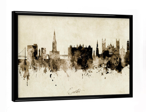 Poster mit schwarzem Rahmen "Exeter England Skyline Sepia" artboxONE - Städte - Exeter,England,Skyline,Cityscape,Stadtbild,Watercolor,Painting