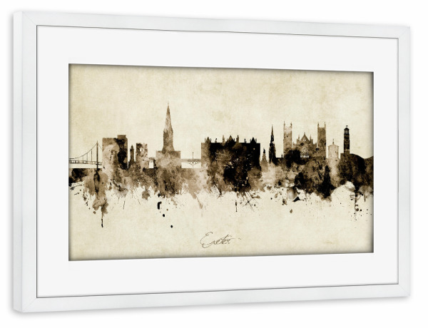 Poster mit Rahmen weiß "Exeter England Skyline Sepia" artboxONE - Städte - Exeter,England,Skyline,Cityscape,Stadtbild,Watercolor,Painting