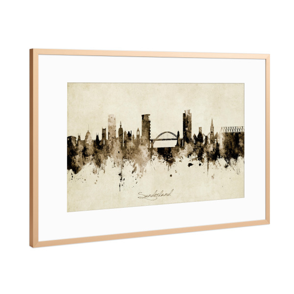 Poster mit Rahmen Kupfer "Sunderland England Skyline Sepia" artboxONE - Städte - Sunderland,England,Skyline,Cityscape,Stadtbild,Watercolor,Painting