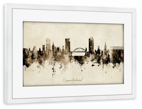 Poster mit Rahmen weiß "Sunderland England Skyline Sepia" artboxONE - Städte - Sunderland,England,Skyline,Cityscape,Stadtbild,Watercolor,Painting