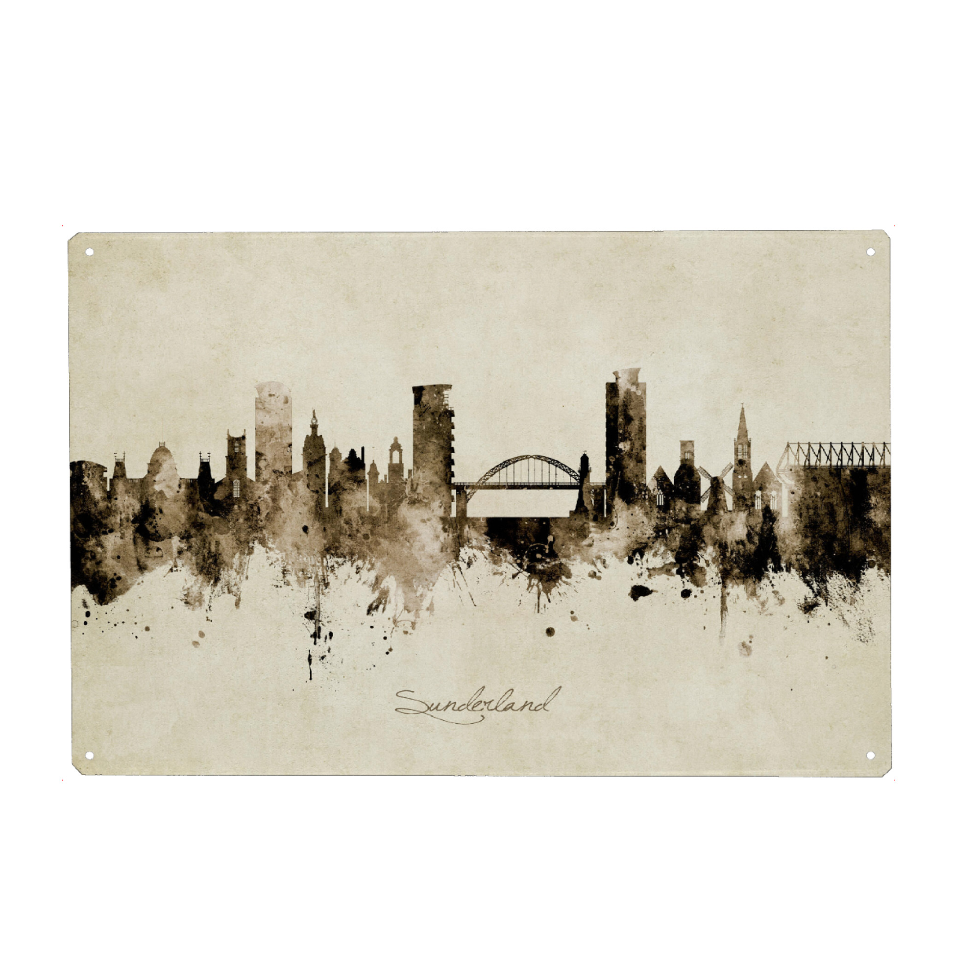Holzbild "Sunderland England Skyline Sepia" artboxONE - Städte - Sunderland,England,Skyline,Cityscape,Stadtbild,Watercolor,Painting