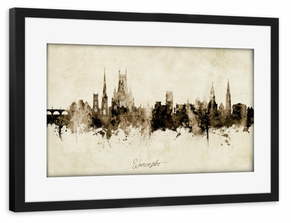 Poster mit Rahmen schwarz "Worcester England Skyline Sepia" artboxONE - Städte - Worcester,England,Skyline,Cityscape,Stadtbild,Watercolor,Painting