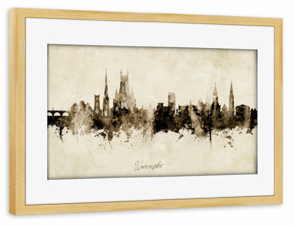 Poster mit Rahmen kiefer "Worcester England Skyline Sepia" artboxONE - Städte - Worcester,England,Skyline,Cityscape,Stadtbild,Watercolor,Painting