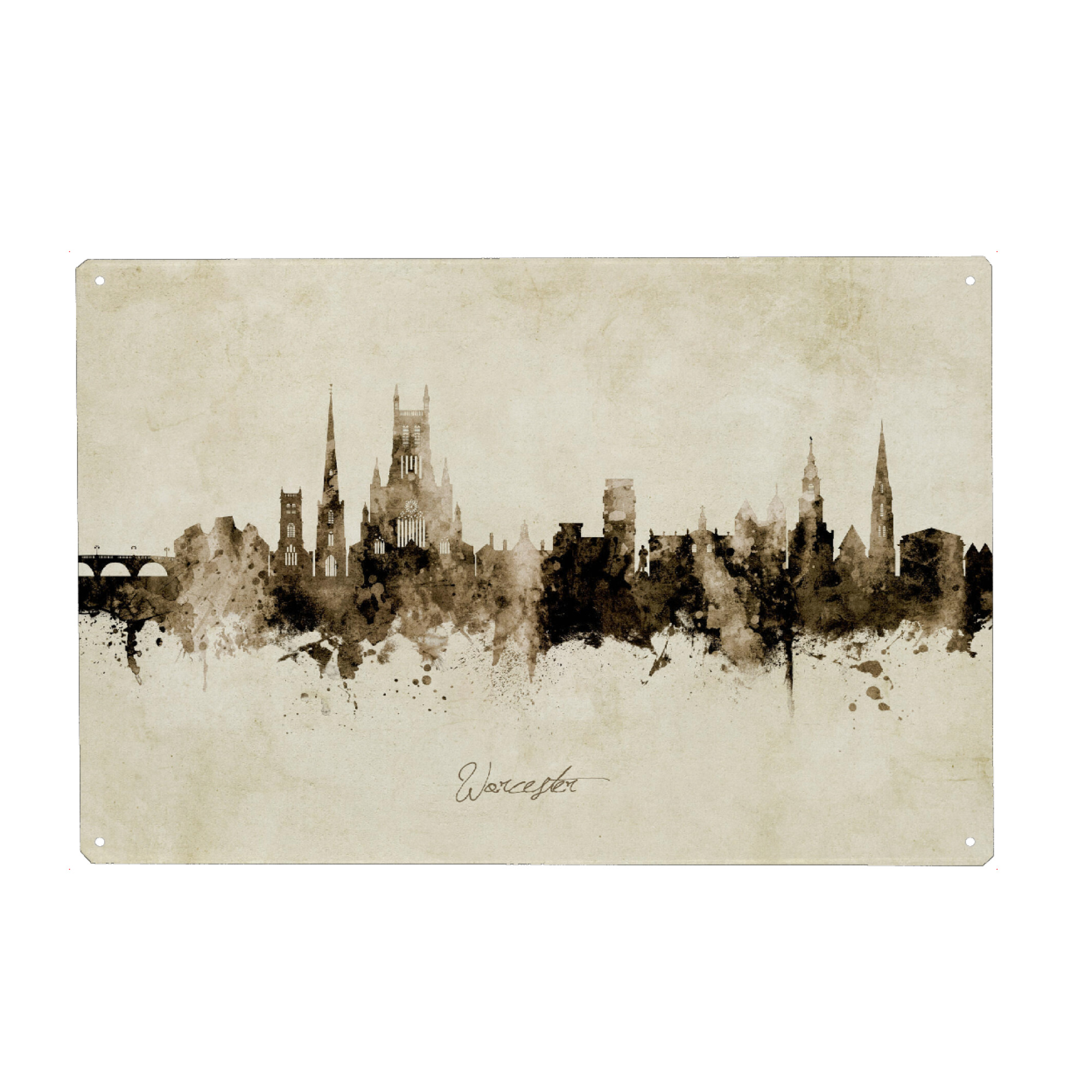 Metall Poster "Worcester England Skyline Sepia" artboxONE - Städte - Worcester,England,Skyline,Cityscape,Stadtbild,Watercolor,Painting - Blechschild