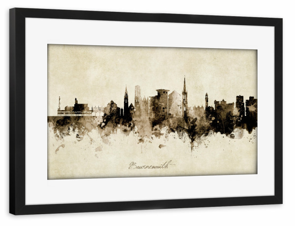 Poster mit Rahmen schwarz "Bournemouth England Skyline Sepia" artboxONE - Städte - Bournemouth,England,Skyline,Cityscape,Stadtbild,Watercolor,Painting