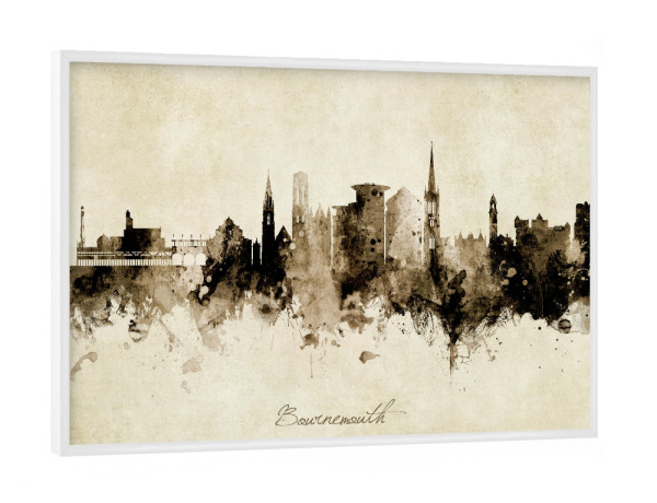 Poster mit weißem Rahmen "Bournemouth England Skyline Sepia" artboxONE - Städte - Bournemouth,England,Skyline,Cityscape,Stadtbild,Watercolor,Painting