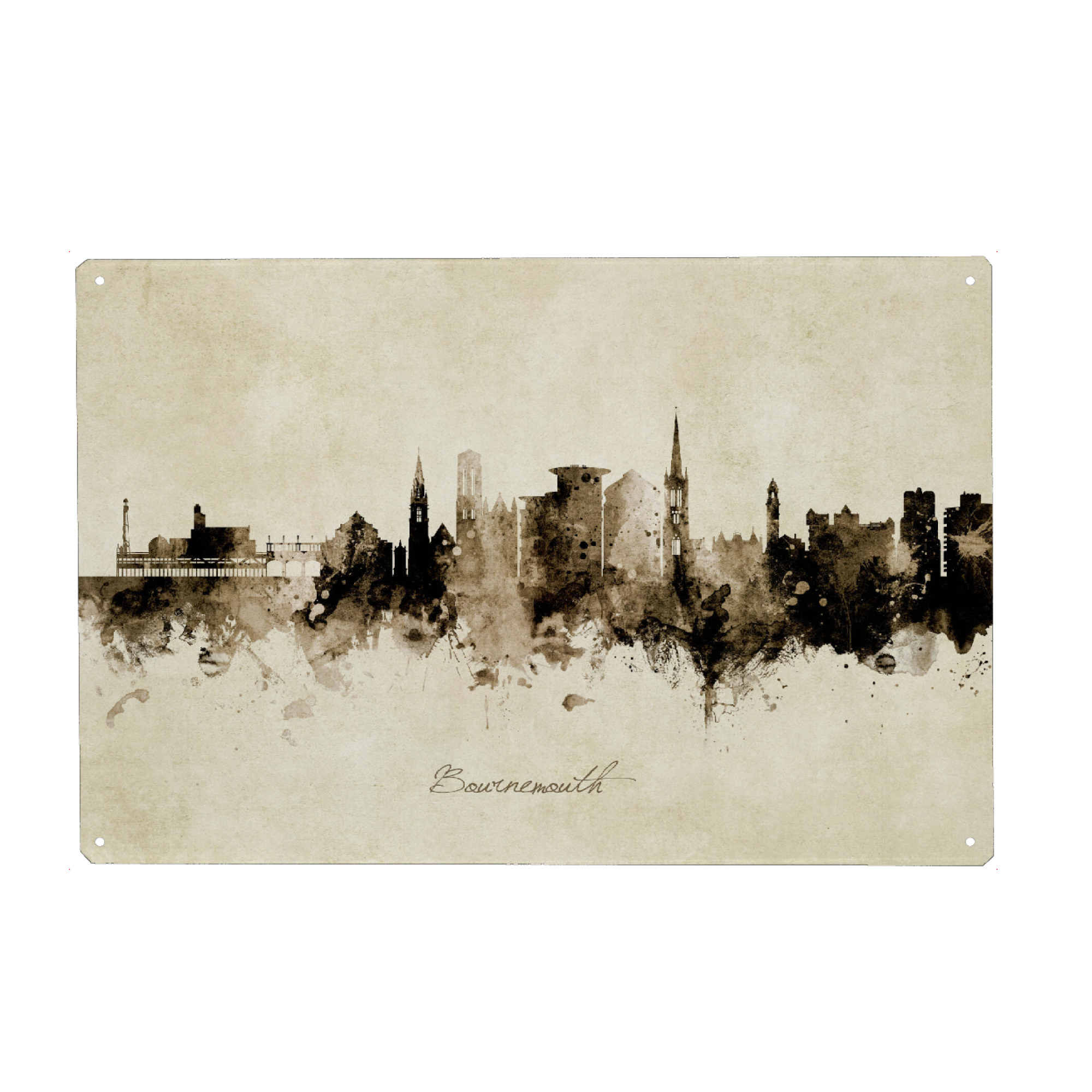 Metall Poster "Bournemouth England Skyline Sepia" artboxONE - Städte - Bournemouth,England,Skyline,Cityscape,Stadtbild,Watercolor,Painting