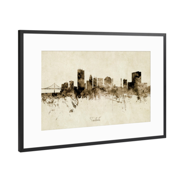 Poster mit Rahmen Schwarz (Metallic) "Toledo Ohio Skyline Sepia" artboxONE - Städte - Toledo,Ohio,Skyline,Cityscape,Stadtbild,Watercolor,Painting
