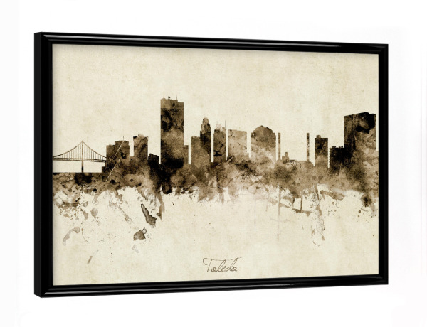 Poster mit schwarzem Rahmen "Toledo Ohio Skyline Sepia" artboxONE - Städte - Toledo,Ohio,Skyline,Cityscape,Stadtbild,Watercolor,Painting
