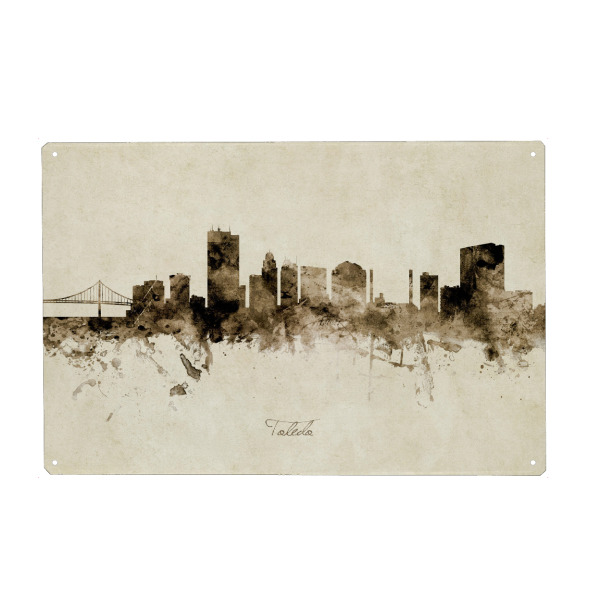 Holzbild "Toledo Ohio Skyline Sepia" artboxONE - Städte - Toledo,Ohio,Skyline,Cityscape,Stadtbild,Watercolor,Painting
