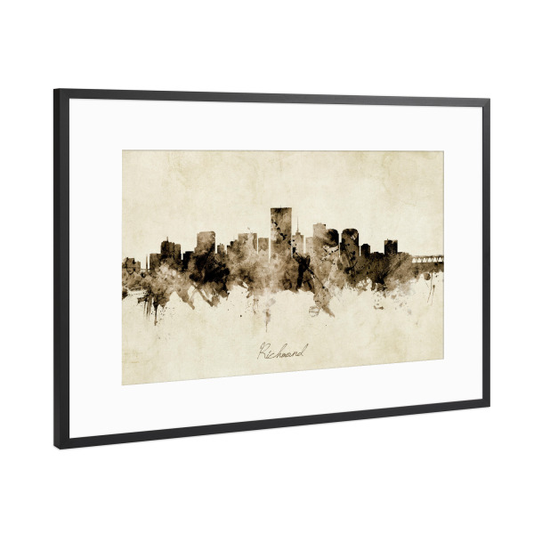 Poster mit Rahmen Schwarz (Metallic) "Richmond Virginia Skyline Sepia" artboxONE - Städte