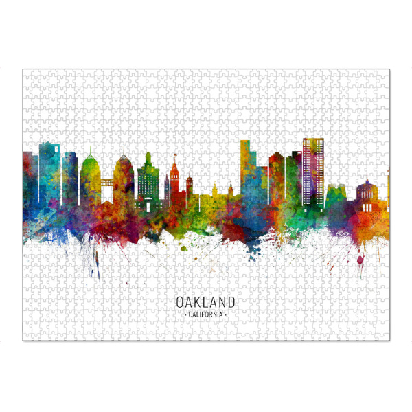 Puzzle Ravensburger "Oakland California Skyline txt" artboxONE - Städte - Oakland,California,Skyline,Cityscape,Stadtbild,Watercolor,Painting