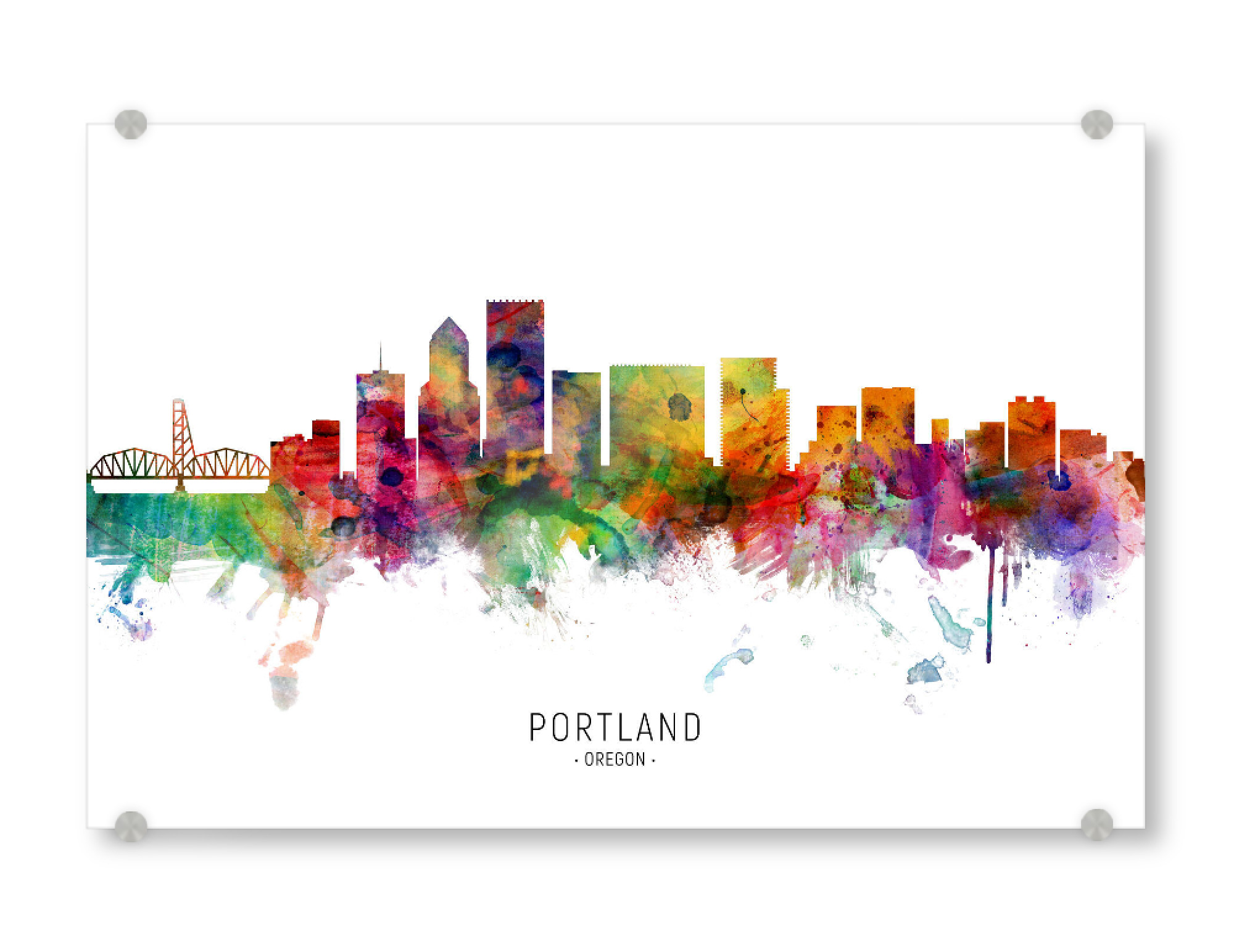 Acrylglasbild "Portland Oregon Skyline txt" artboxONE - Städte - Portland,Oregon,Skyline,Cityscape,Stadtbild,Watercolor,Painting