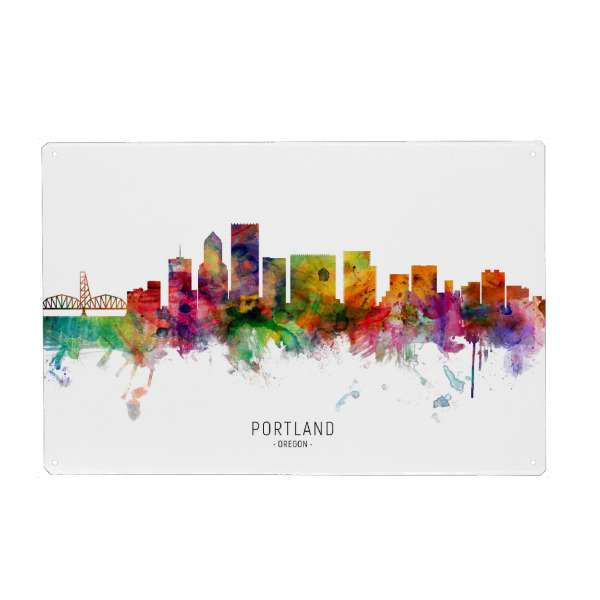 Holzbild "Portland Oregon Skyline txt" artboxONE - Städte - Portland,Oregon,Skyline,Cityscape,Stadtbild,Watercolor,Painting