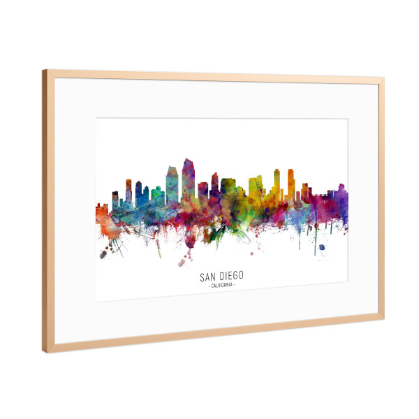 Poster mit Rahmen Kupfer "San Diego California Skyline txt" artboxONE - Städte - San diego,California,Skyline,Cityscape,Stadtbild,Watercolor,Painting