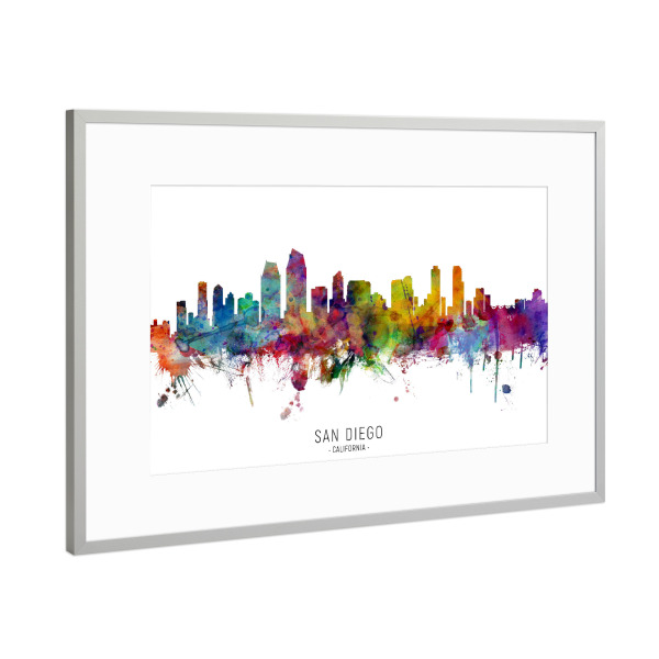 Poster mit Rahmen Silber "San Diego California Skyline txt" artboxONE - Städte - San diego,California,Skyline,Cityscape,Stadtbild,Watercolor,Painting