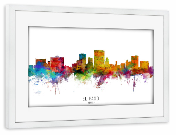 Poster mit Rahmen weiß "El Paso Texas Skyline txt" artboxONE - Städte - El paso,Texas,Skyline,Cityscape,Stadtbild,Watercolor,Painting