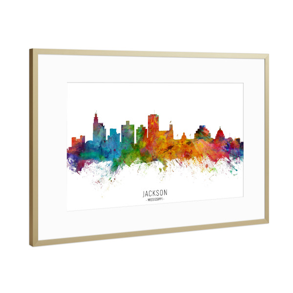Poster mit Rahmen Gold "Jackson Mississippi Skyline txt" artboxONE - Städte - Jackson,Mississippi,Skyline,Cityscape,Stadtbild,Watercolor,Painting