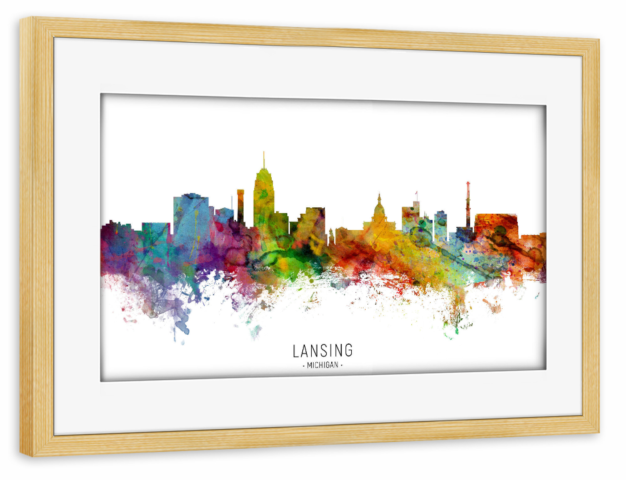 Poster mit Rahmen kiefer "Lansing Michigan Skyline txt" artboxONE - Städte - Lansing,Michigan,Skyline,Cityscape,Stadtbild,Watercolor,Painting