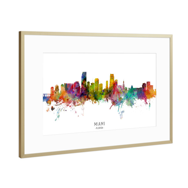 Poster mit Rahmen Gold "Miami Florida Skyline txt" artboxONE - Städte - Miami,Florida,Skyline,Cityscape,Stadtbild,Watercolor,Painting