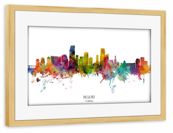Poster mit Rahmen kiefer "Miami Florida Skyline txt" artboxONE - Städte - Miami,Florida,Skyline,Cityscape,Stadtbild,Watercolor,Painting