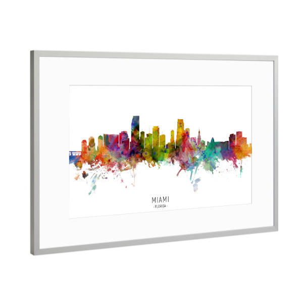 Poster mit Rahmen Silber "Miami Florida Skyline txt" artboxONE - Städte - Miami,Florida,Skyline,Cityscape,Stadtbild,Watercolor,Painting