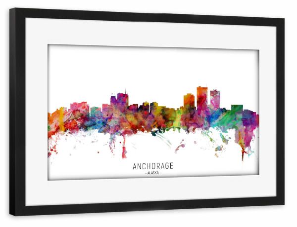 Poster mit Rahmen schwarz "Anchorage Alaska Skyline txt" artboxONE - Städte - Anchorage,Alaska,Skyline,Cityscape,Stadtbild,Watercolor,Painting