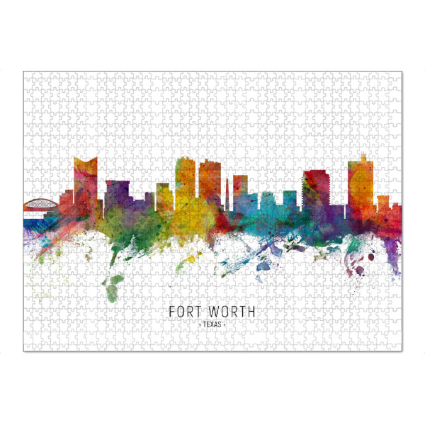 Puzzle Ravensburger "Fort Worth Texas Skyline txt" artboxONE - Städte - Fort worth,Texas,Skyline,Cityscape,Stadtbild,Watercolor,Painting