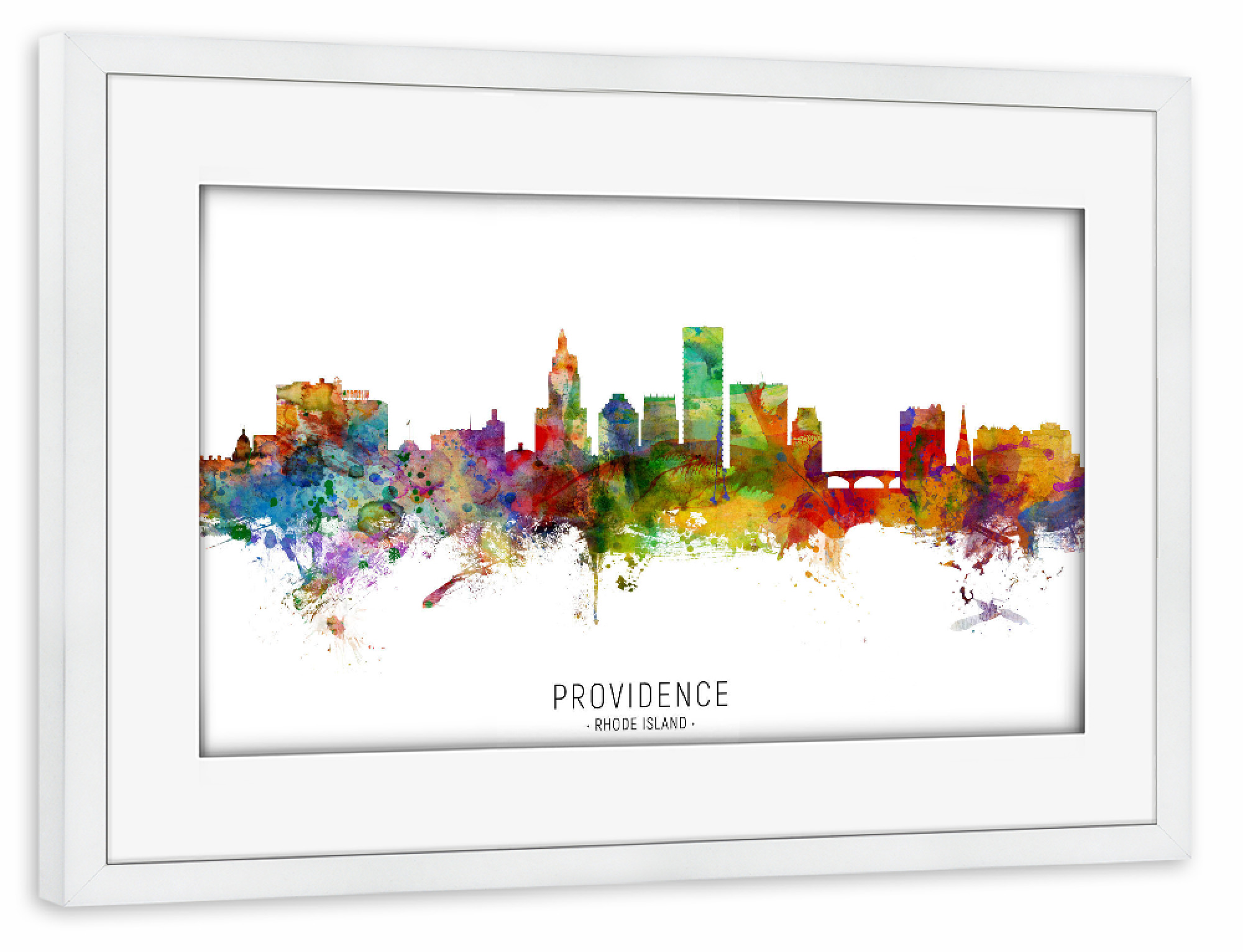 Poster mit Rahmen weiß "Providence RI Skyline txt" artboxONE - Städte - Providence,Rhode island,Skyline,Cityscape,Stadtbild,Watercolor,Painting