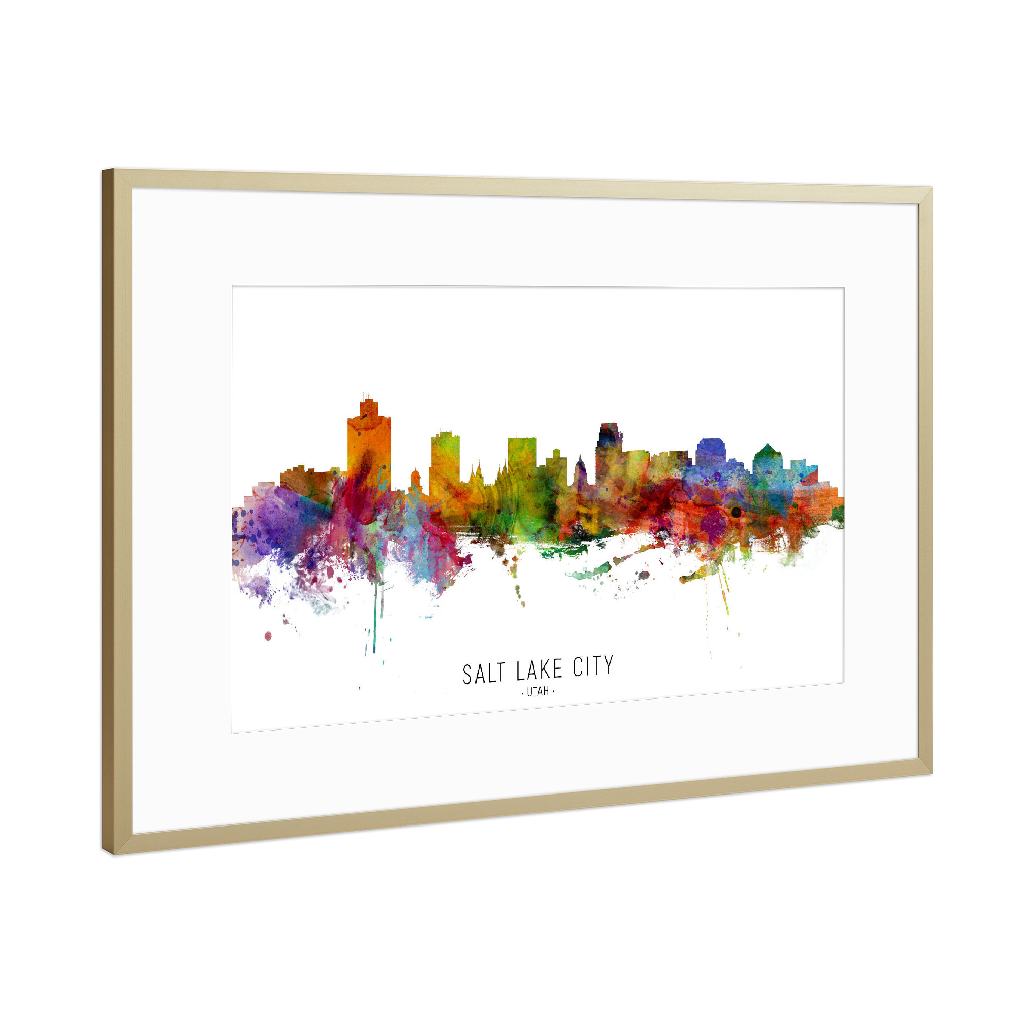 Poster mit Rahmen Gold "Salt Lake City Utah Skyline txt" artboxONE - Städte - Salt lake city,Utah,Skyline,Cityscape,Stadtbild,Watercolor,Painting