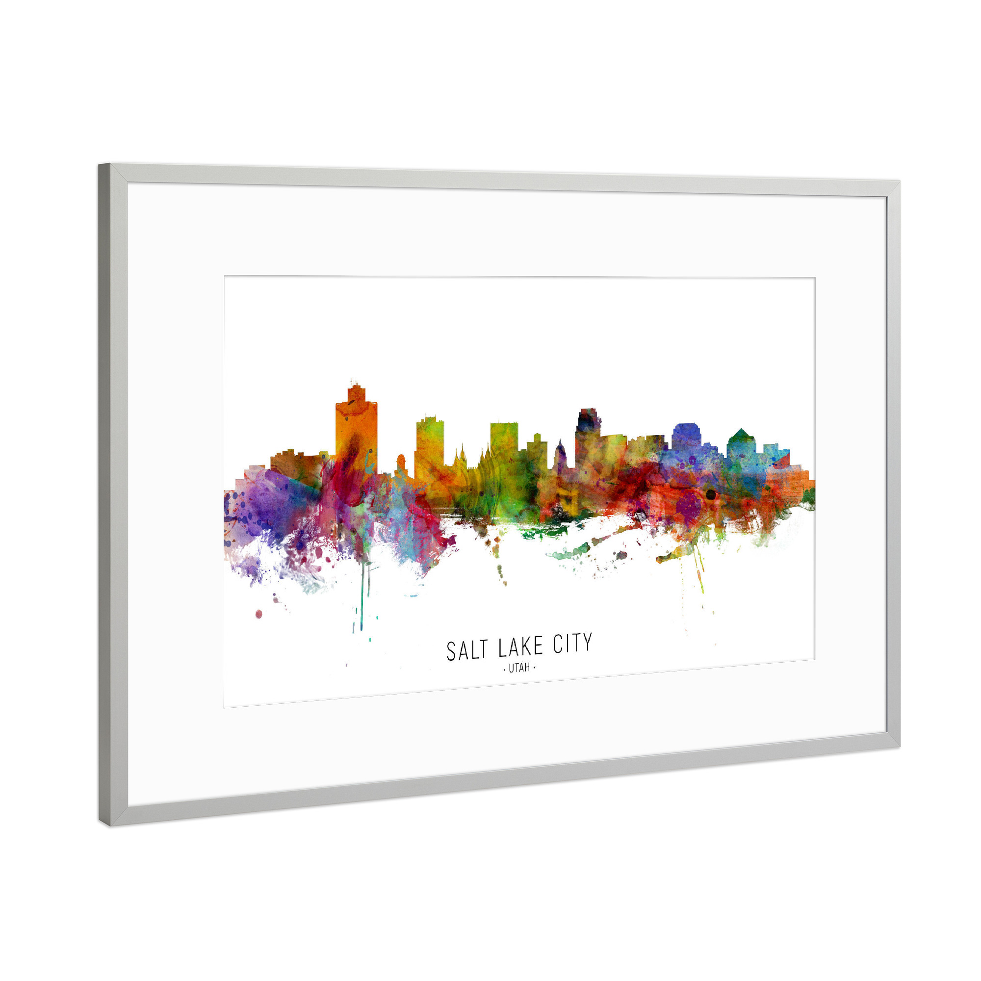 Poster mit Rahmen Silber "Salt Lake City Utah Skyline txt" artboxONE - Städte - Salt lake city,Utah,Skyline,Cityscape,Stadtbild,Watercolor,Painting
