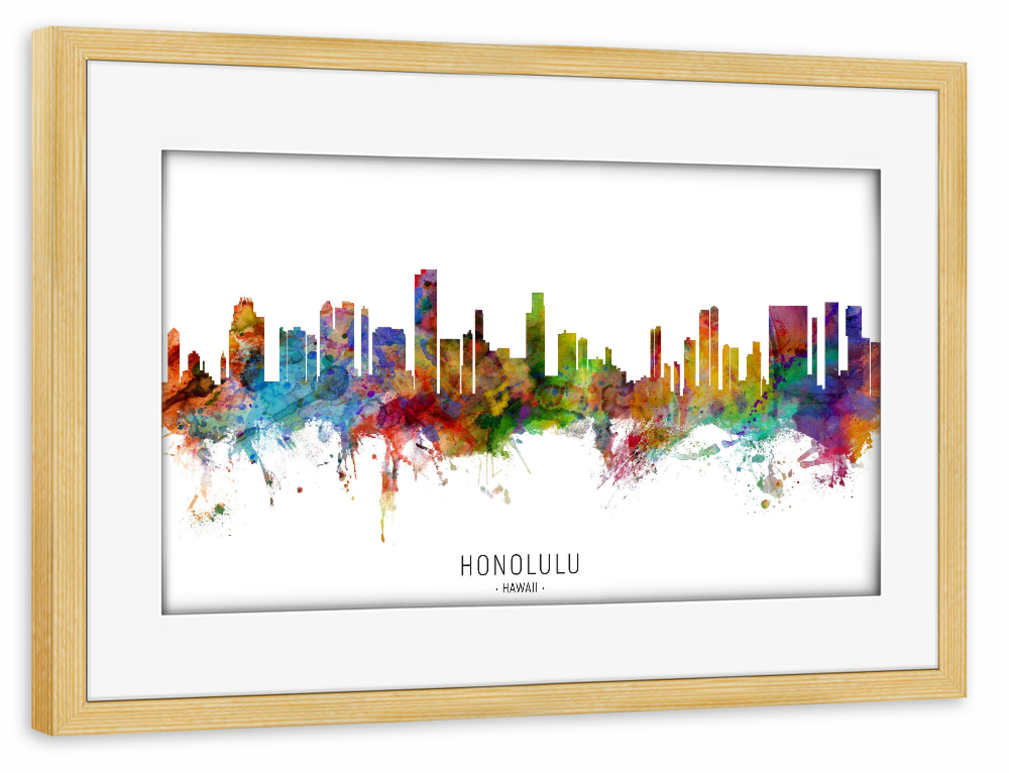 Poster mit Rahmen kiefer "Honolulu Hawaii Skyline txt" artboxONE - Städte - Honolulu,Hawaii,Skyline,Cityscape,Stadtbild,Watercolor,Painting