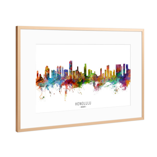 Poster mit Rahmen Kupfer "Honolulu Hawaii Skyline txt" artboxONE - Städte - Honolulu,Hawaii,Skyline,Cityscape,Stadtbild,Watercolor,Painting